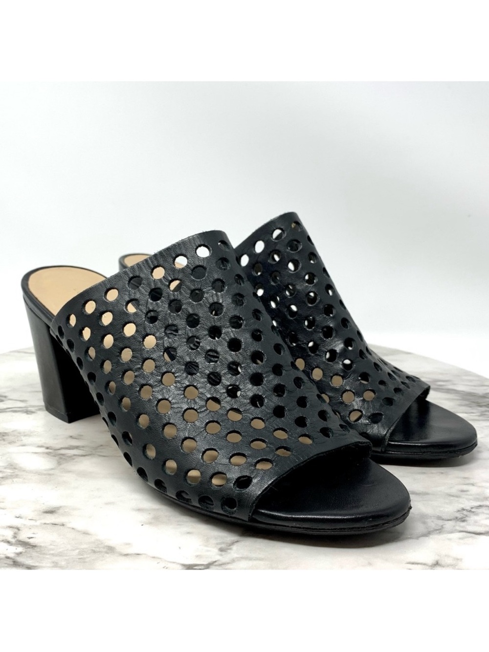 Loeffler Randall Shea Perforated Black Leather Mules 6.5 Avant Garde Euro Summer
